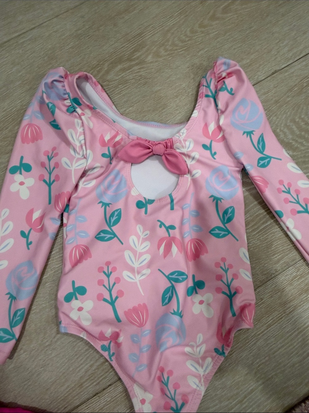 Disney Princess Pink Girls' Long-Sleeve One-Piece Swimsuit with Floral Print - Picture 4 of 4
